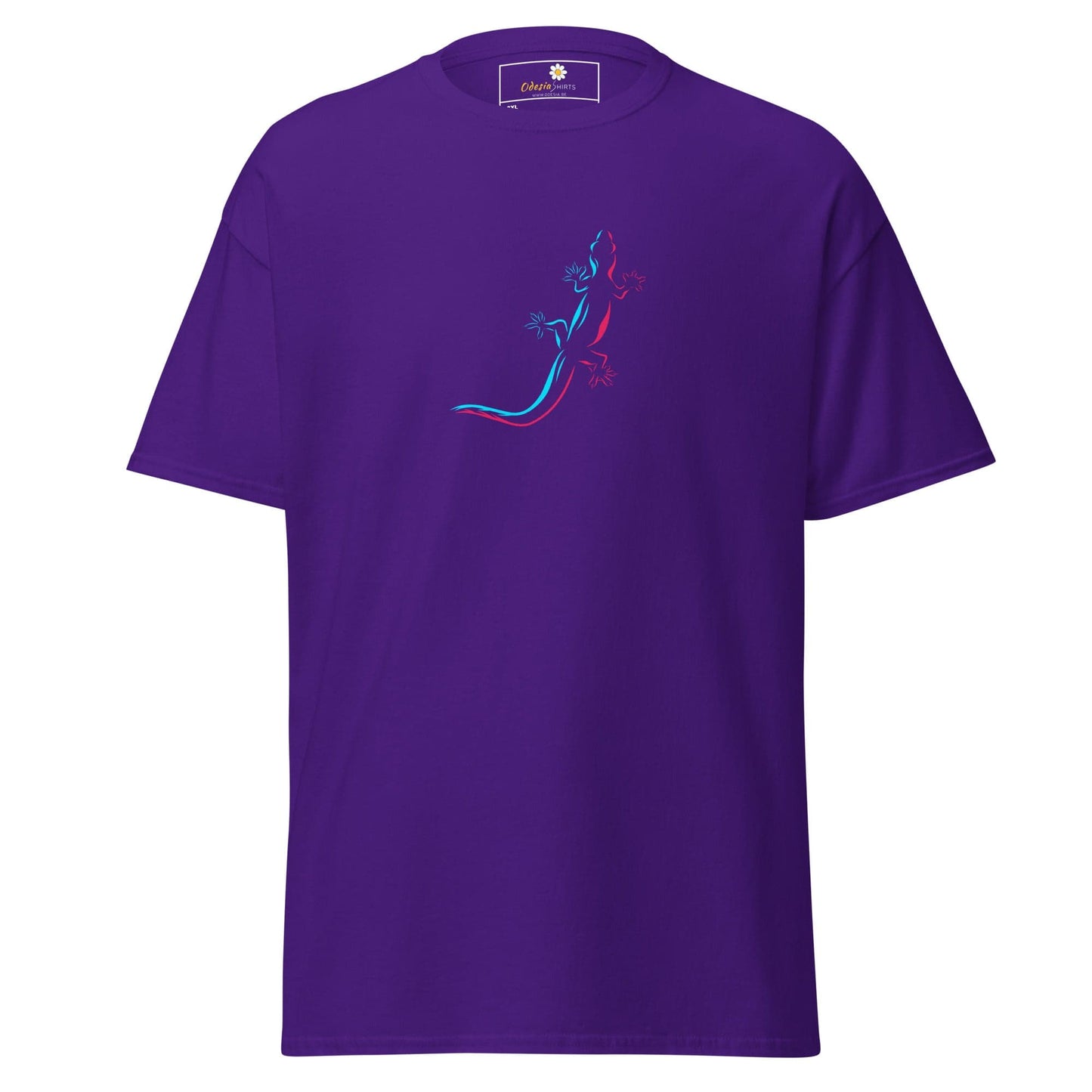 Purple t-shirt with lizard design.