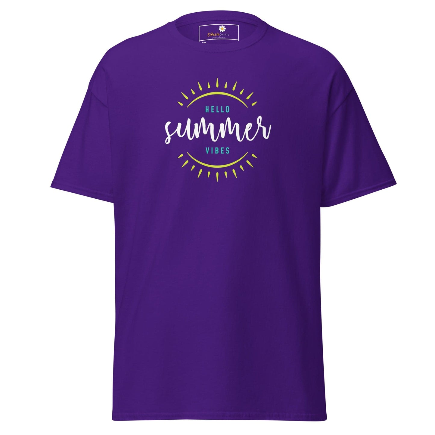 Purple t-shirt with ’hello summer vibes’ graphic.