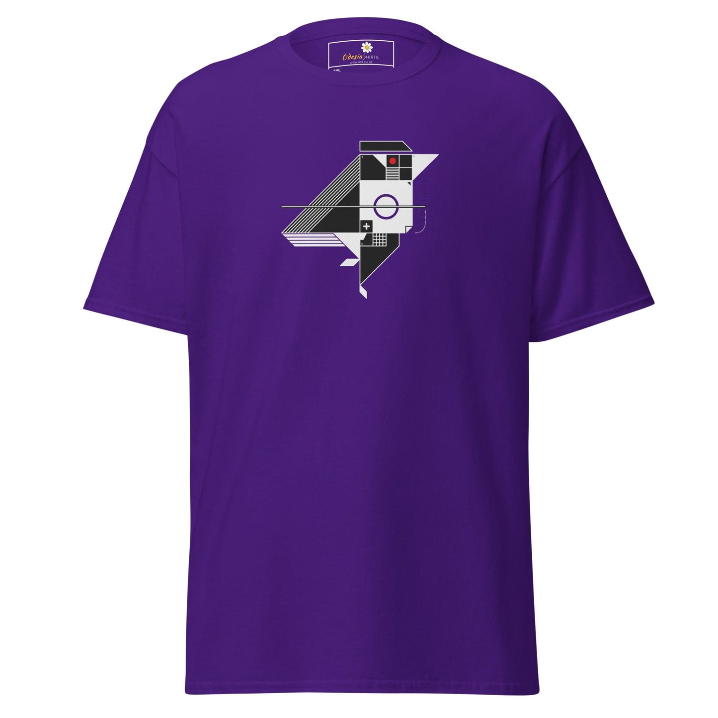 Purple t-shirt with geometric bird design.