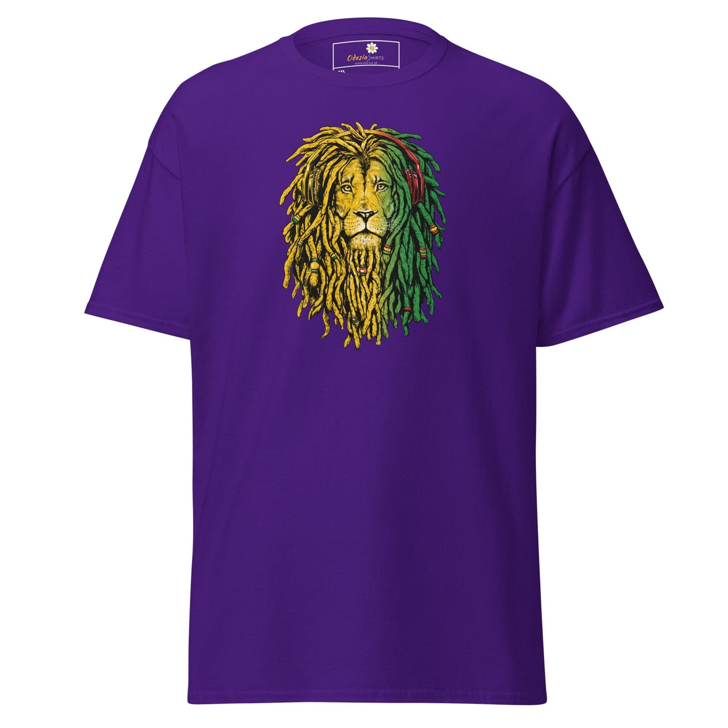 Purple t-shirt with lion graphic.