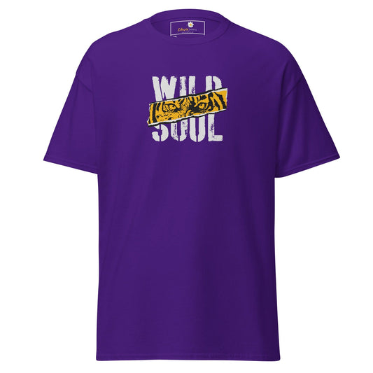 Purple t-shirt with ’Wild Soul’ graphic.