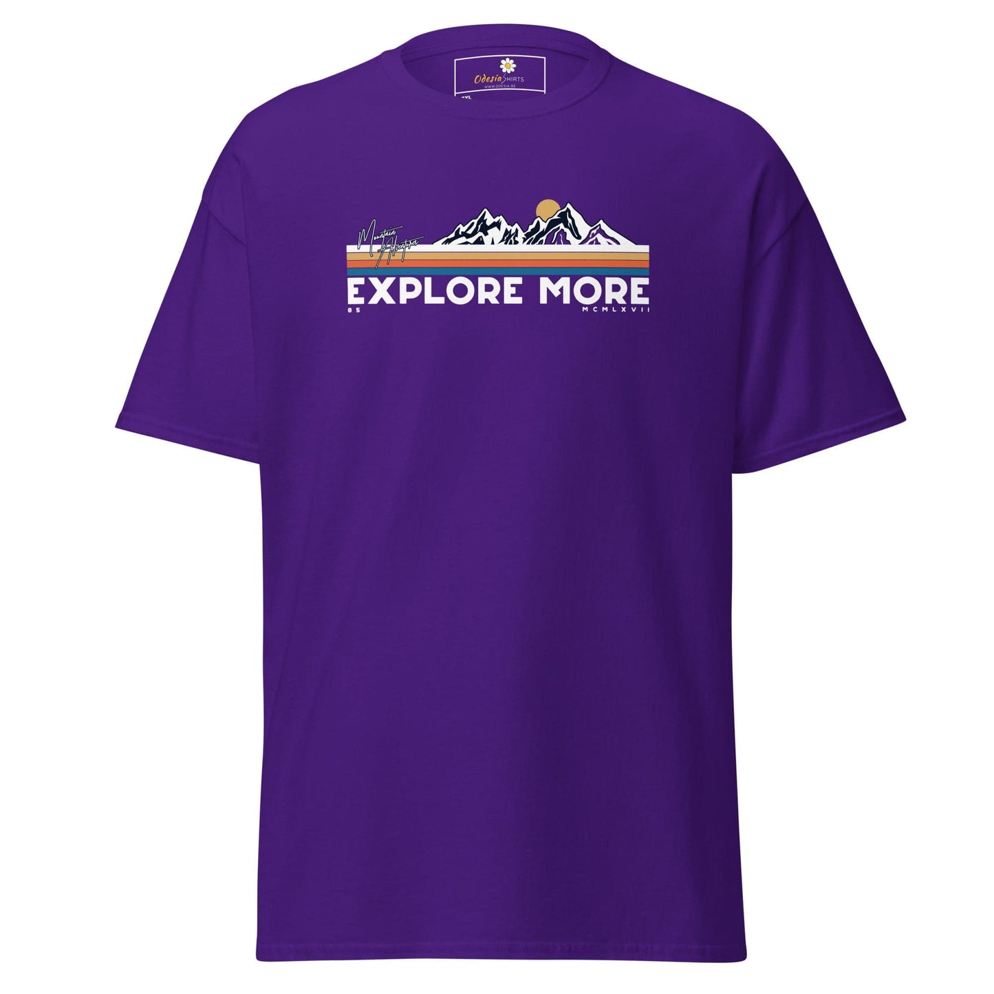 Purple t-shirt with mountain graphic.