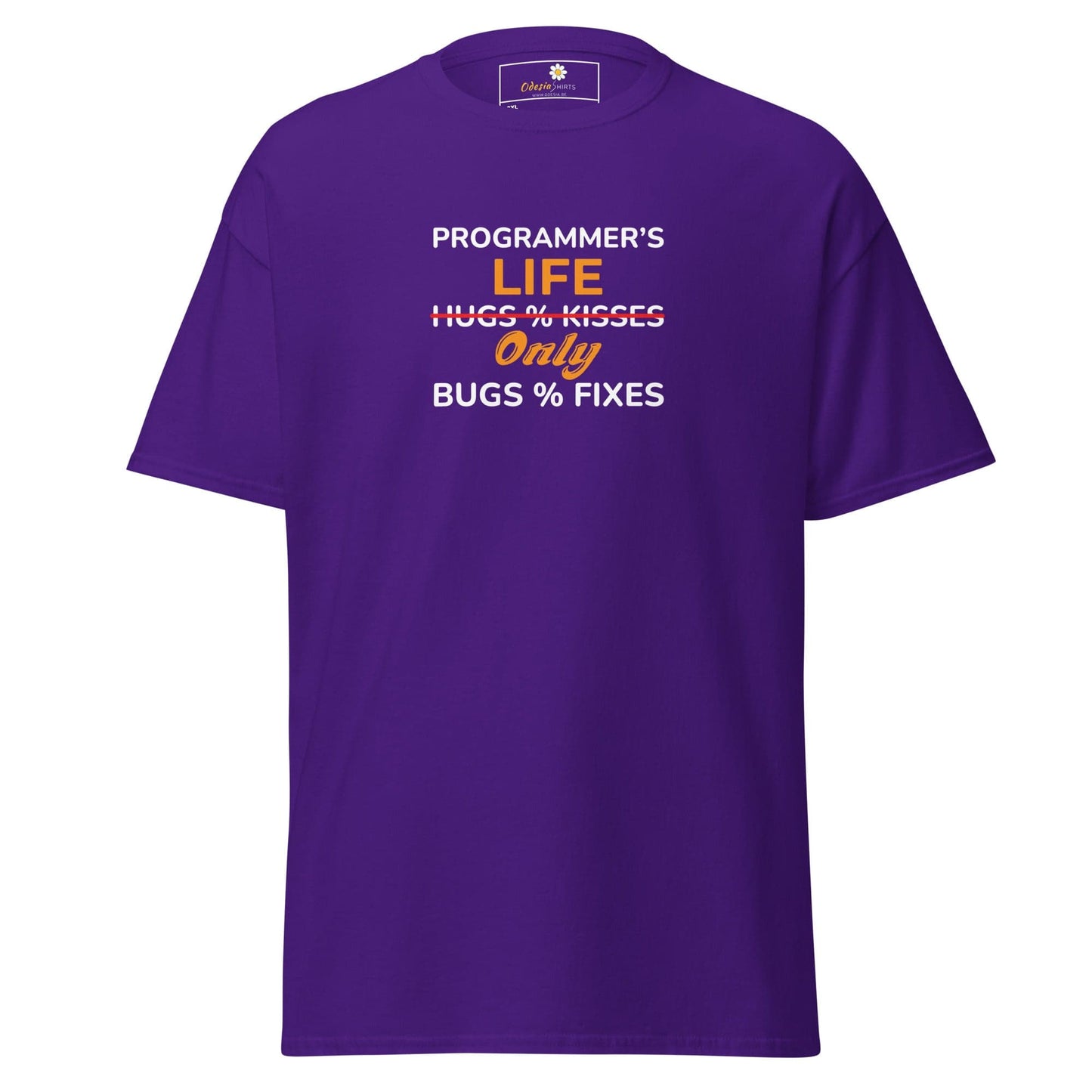 Purple t-shirt with programmer humor.