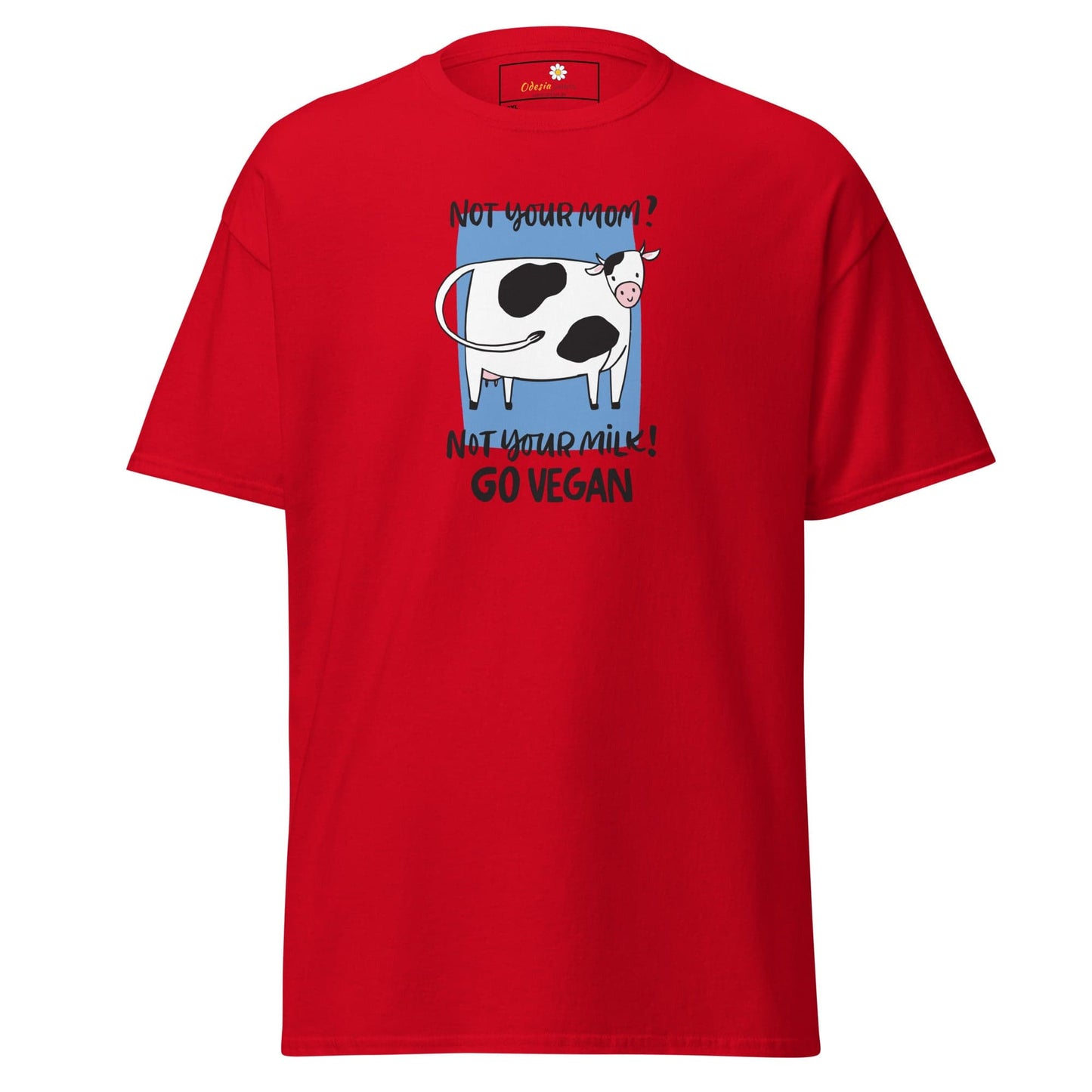 Red t-shirt with cow graphic.
