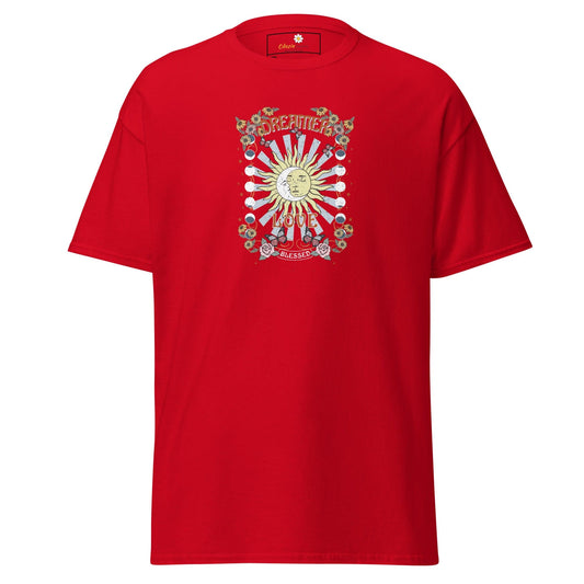 Red t-shirt with sun graphic.