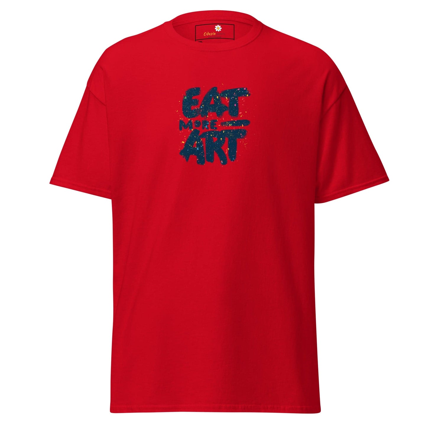 Red T-shirt with Eat More Art text from T-SHIRT DESIGN TEE for Men and Women in sizes 2XL to 5XL