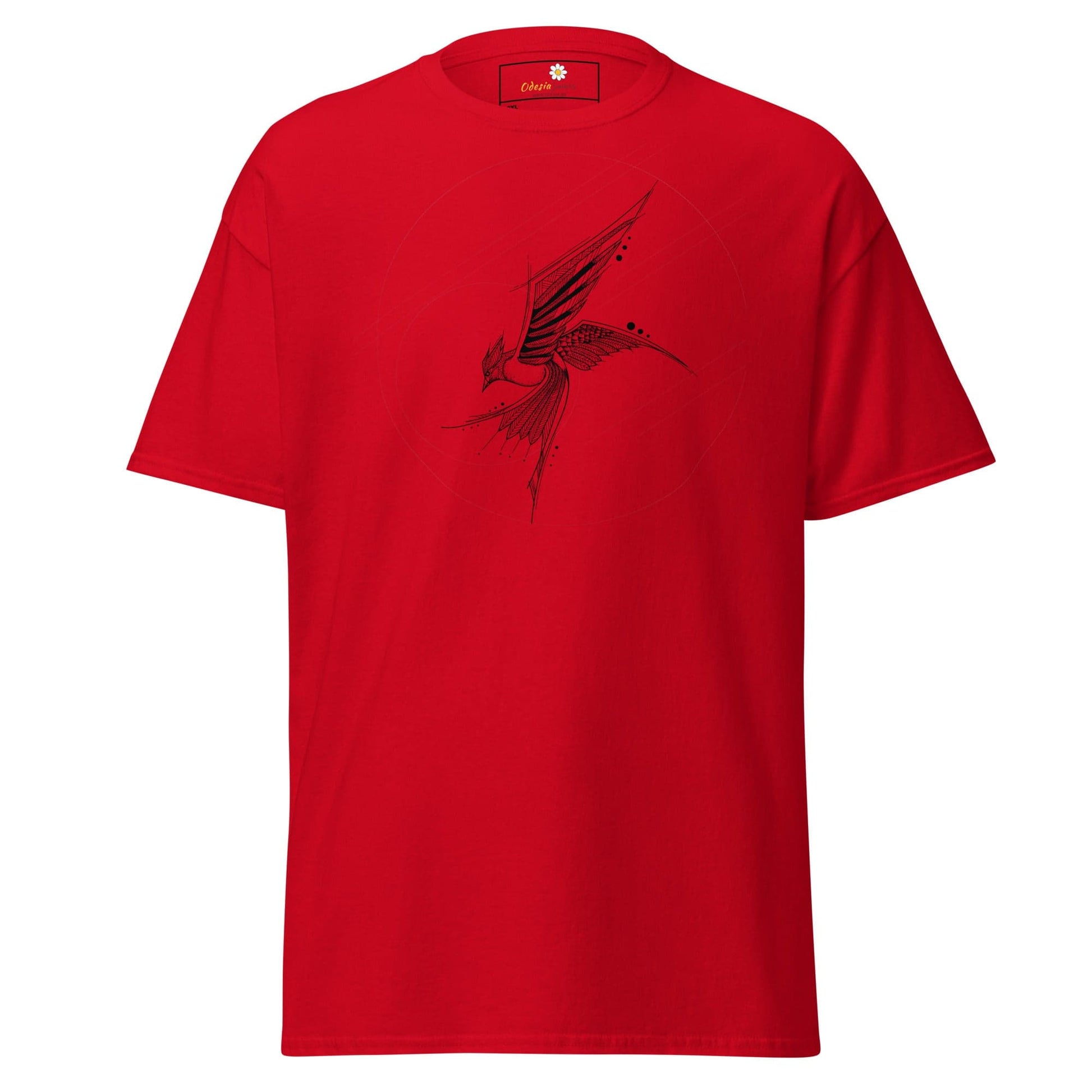 Red T-shirt with hummingbird design for men and women, available in 2XL to 5XL sizes