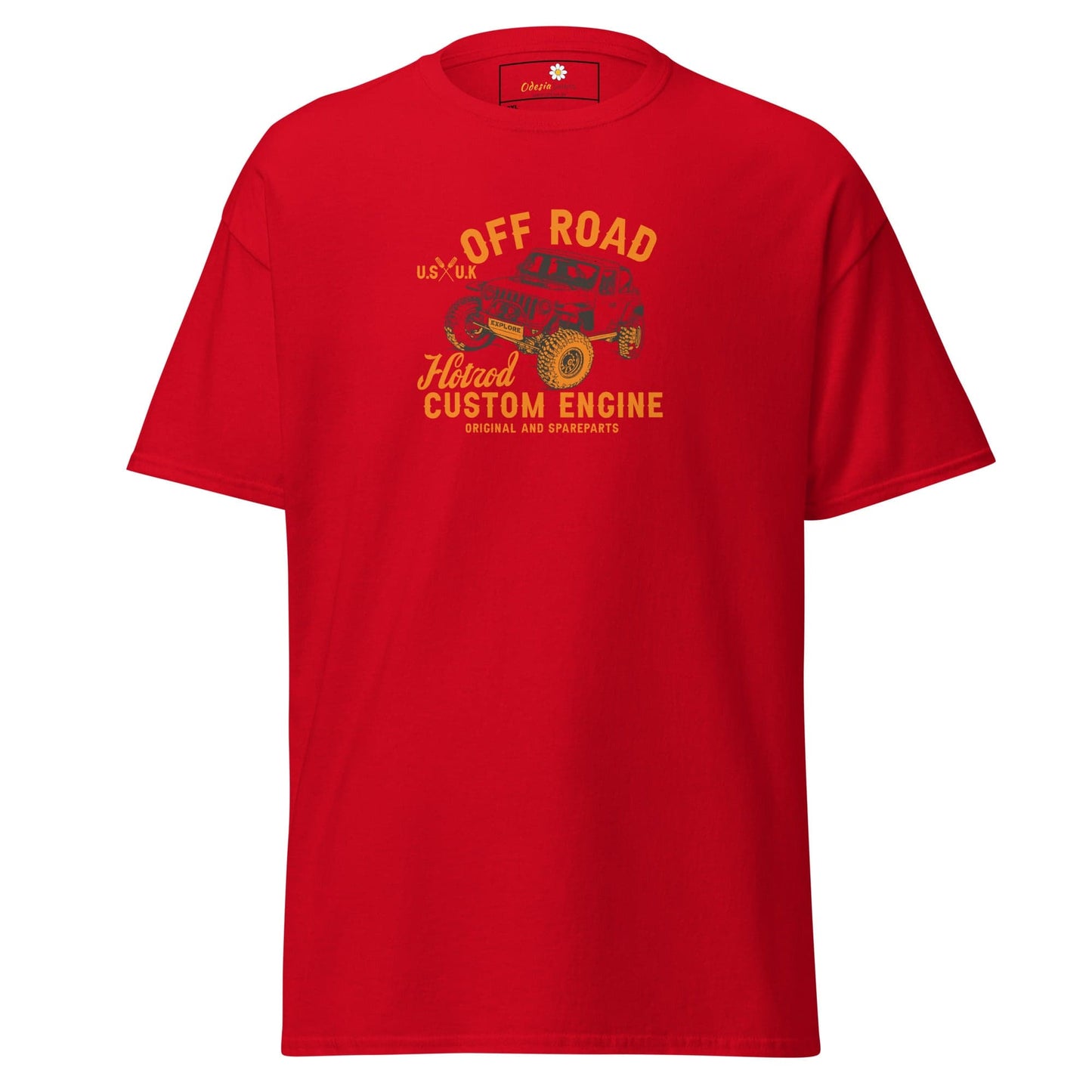 Red t-shirt with off-road vehicle graphic.
