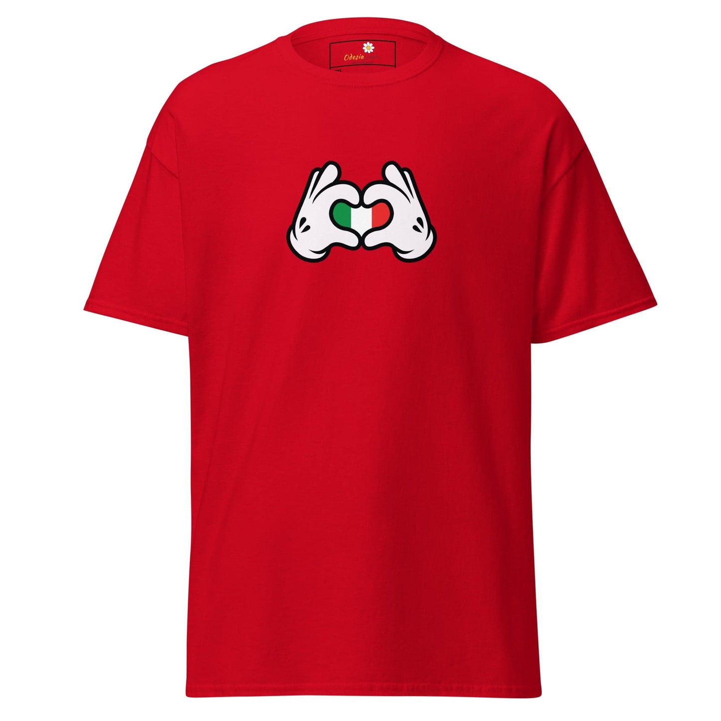 Red t-shirt with cartoon hands forming a heart.
