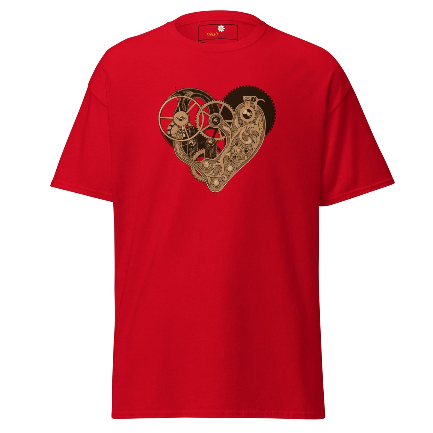 Red T-shirt with mechanical heart design, suitable for men and women, sizes 2XL to 5XL