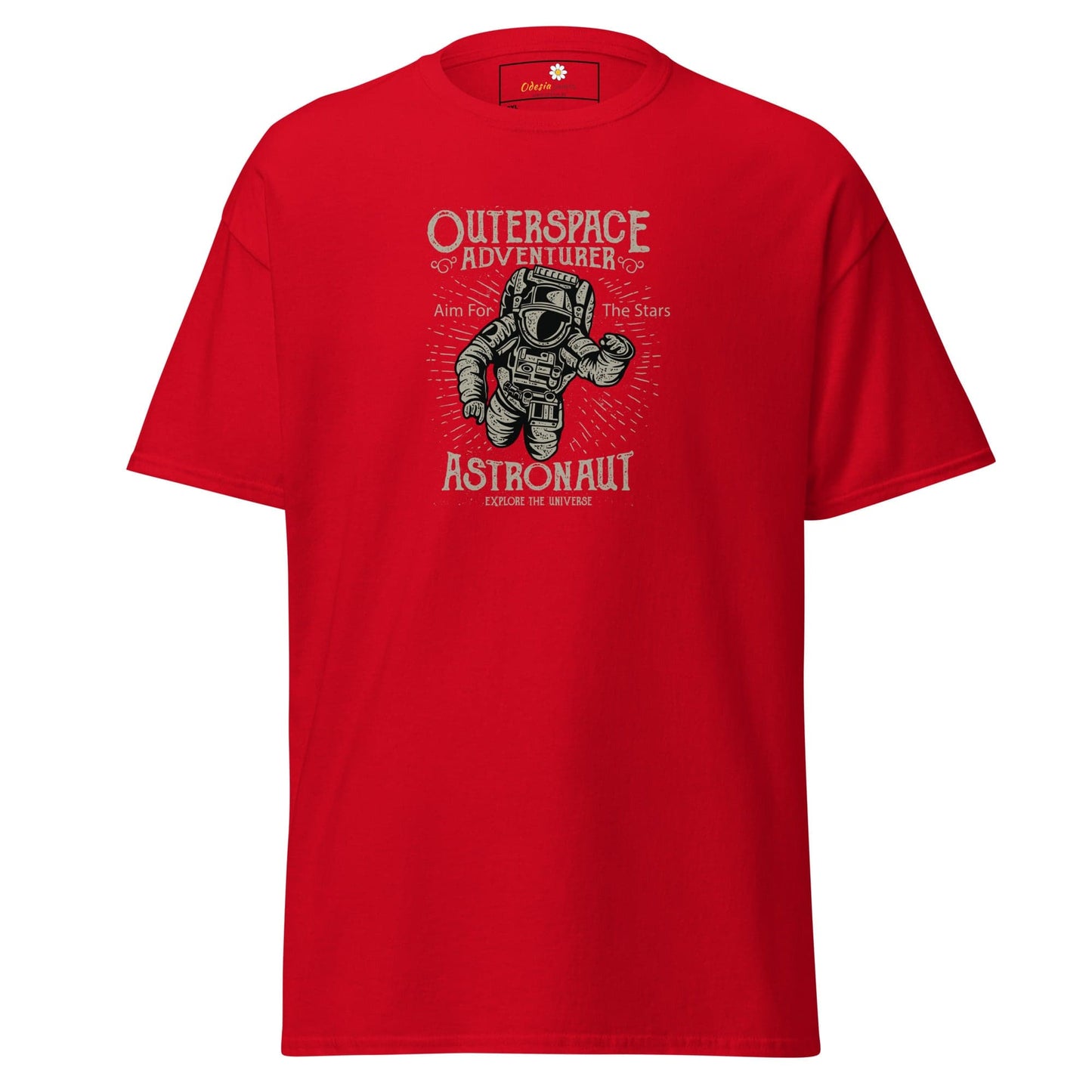 Red t-shirt with astronaut graphic.