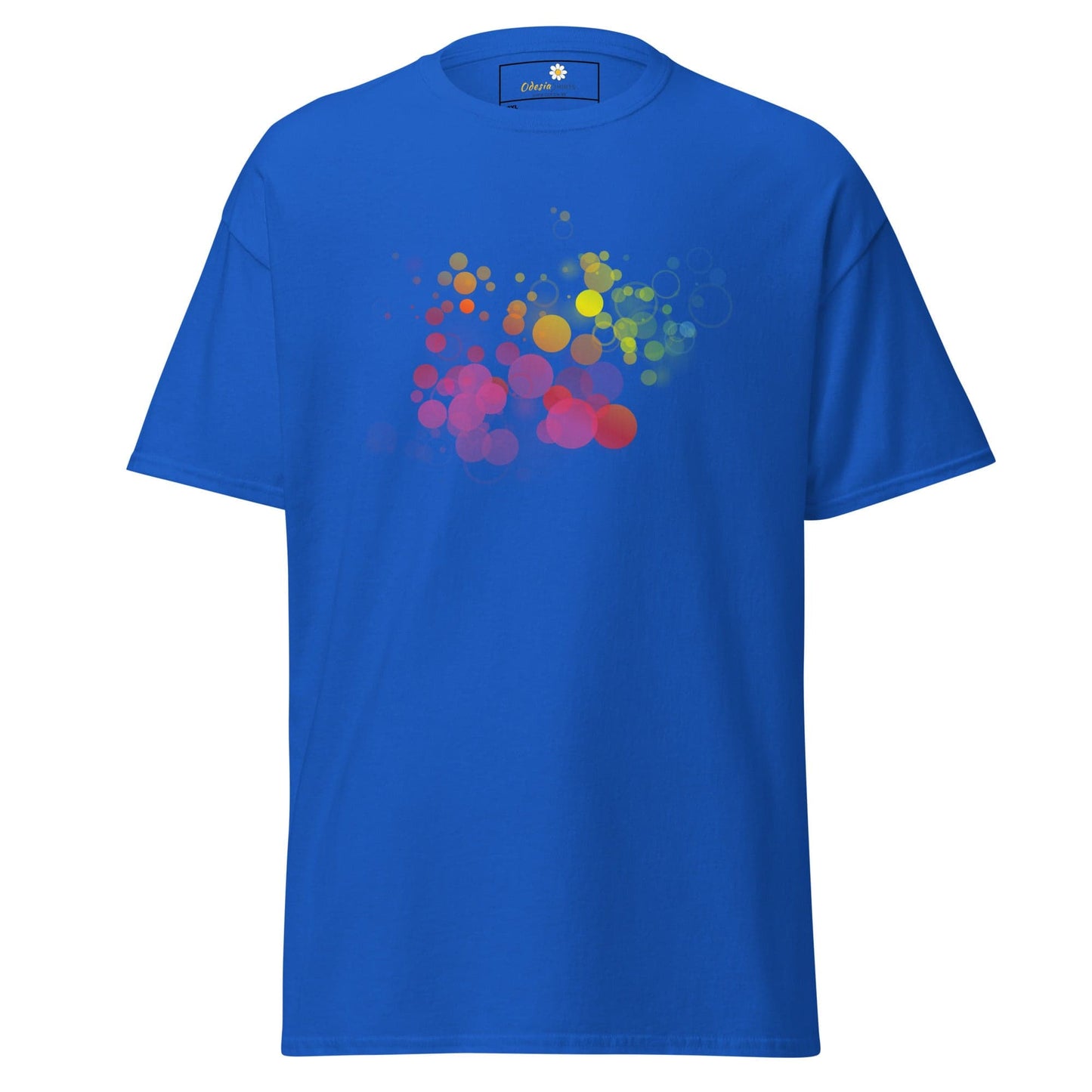 Blue t-shirt with colorful circle design from T-SHIRT DESIGN TEE for men and women