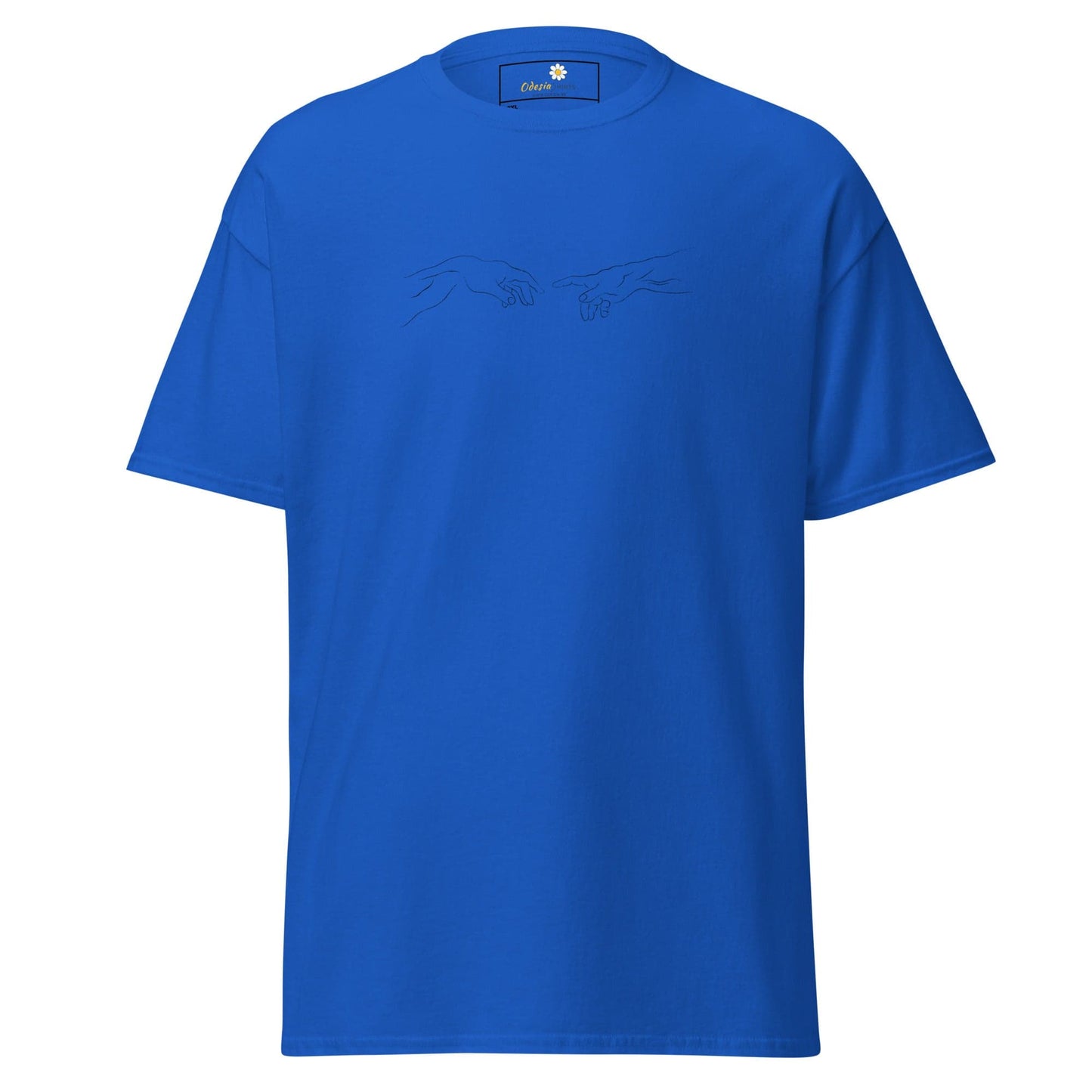 Blue short-sleeved T-shirt for men and women in 2XL to 5XL sizes showcased in product listing