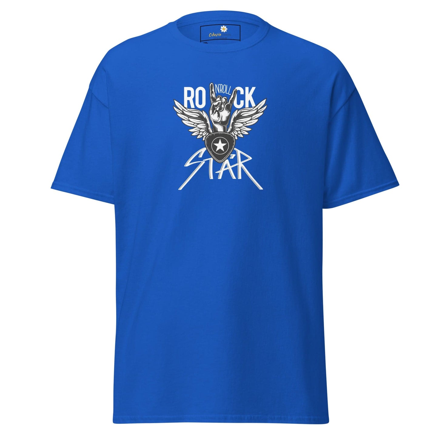 Blue t-shirt featuring a rock star graphic from the T-SHIRT DESIGN TEE collection for men and women