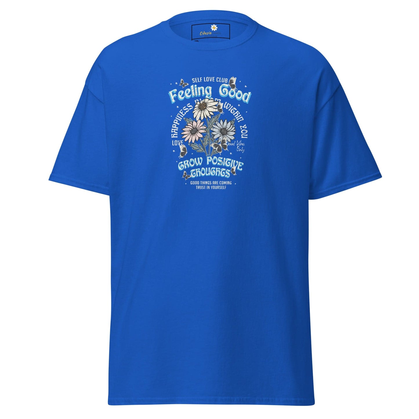 Blue t-shirt with floral graphic.