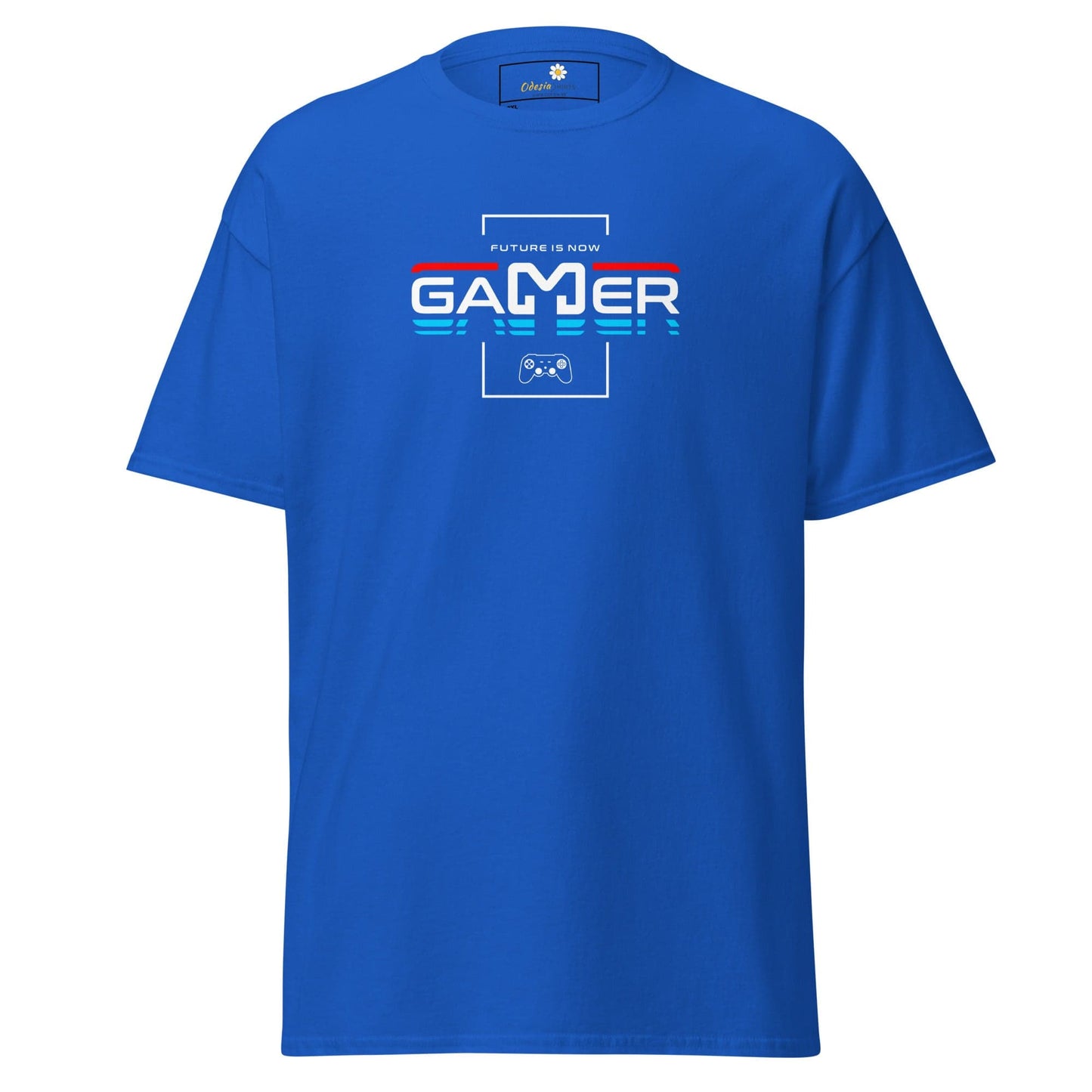 Blue t-shirt with ’Gamer’ graphic.