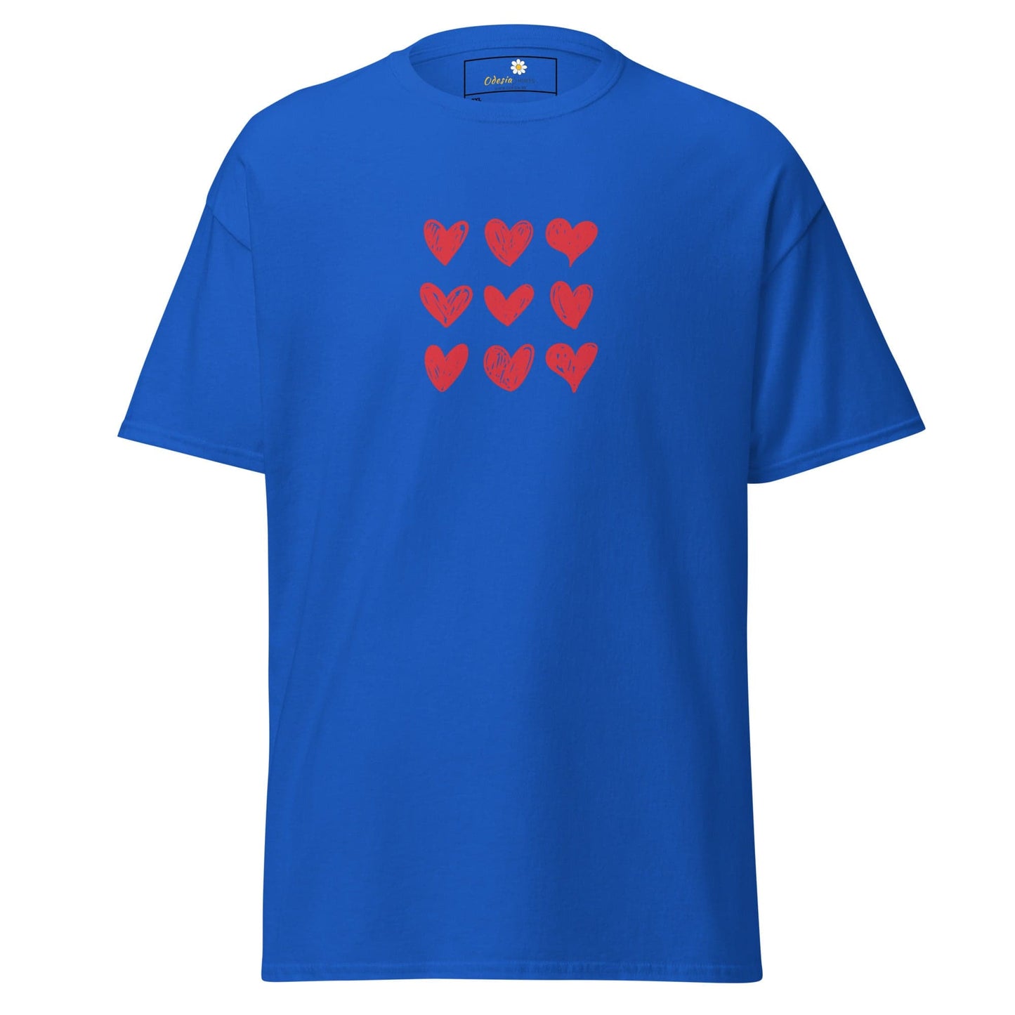 Blue t-shirt with red hearts.