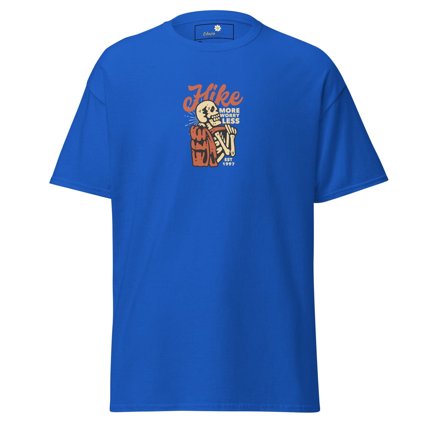Blue t-shirt with skeleton hiker graphic.