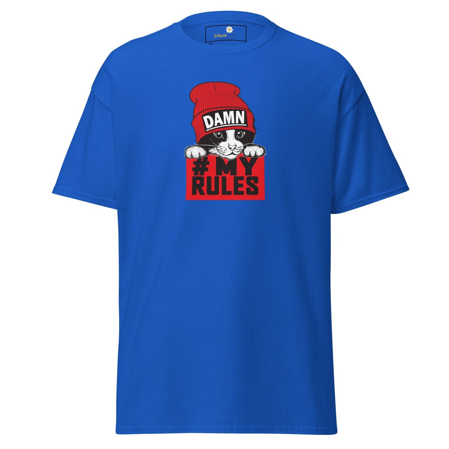 Blue t-shirt with cat graphic.
