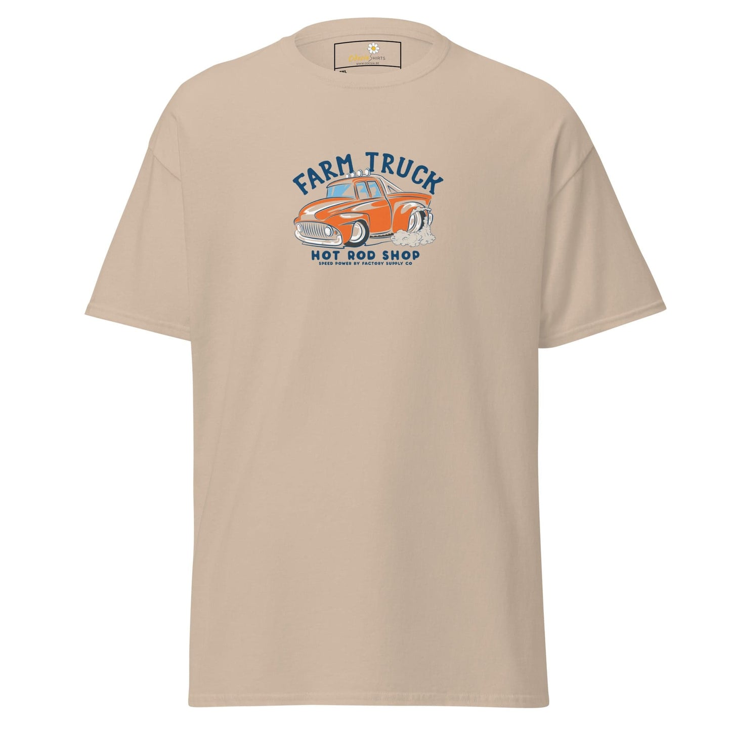 Beige t-shirt with a truck graphic.