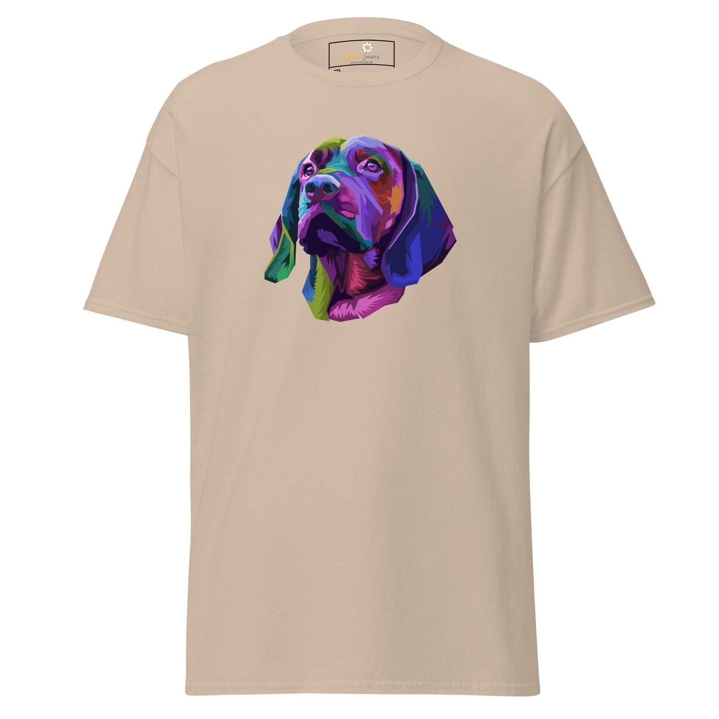 Beige T-shirt with colorful dog graphic for Men and Women, available in 2XL to 5XL