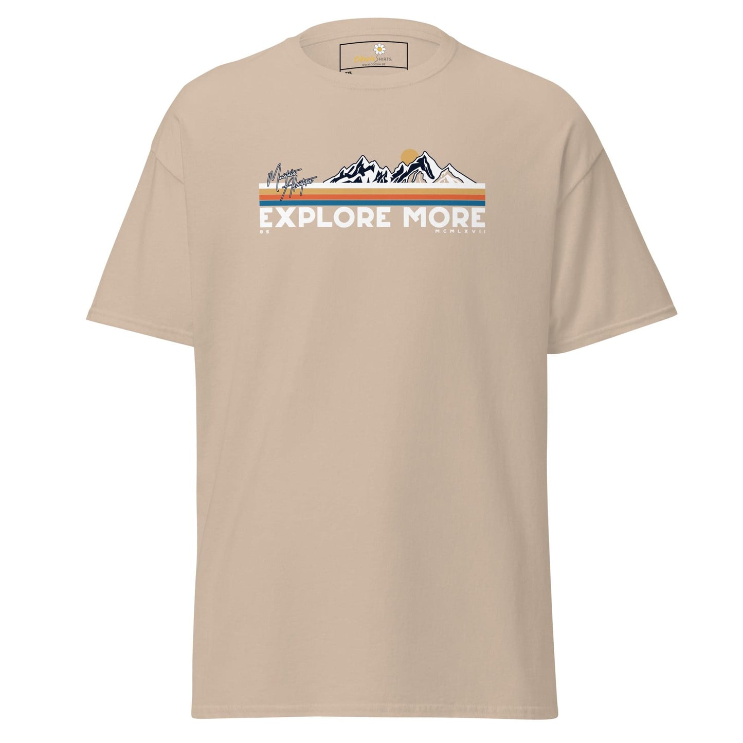 Beige t-shirt with mountain graphic.