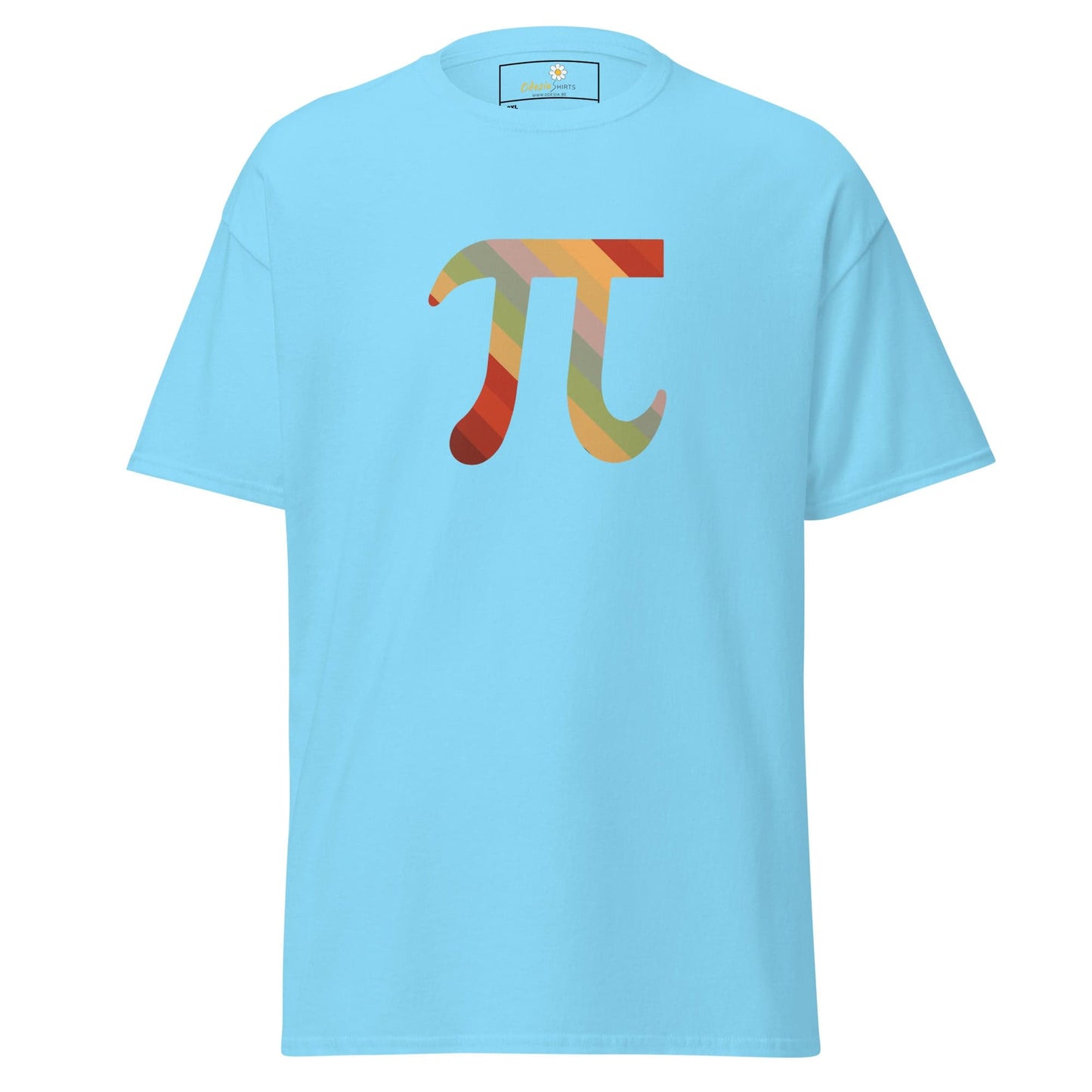 Light blue T-shirt with colorful Pi symbol, available in men’s and women’s sizes 2XL to 5XL