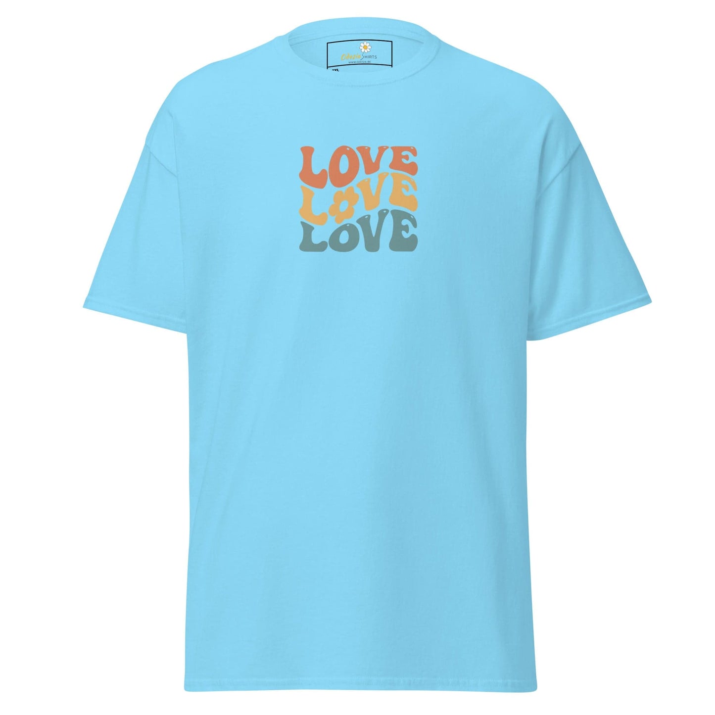 Light blue t-shirt with ’LOVE’ graphic.