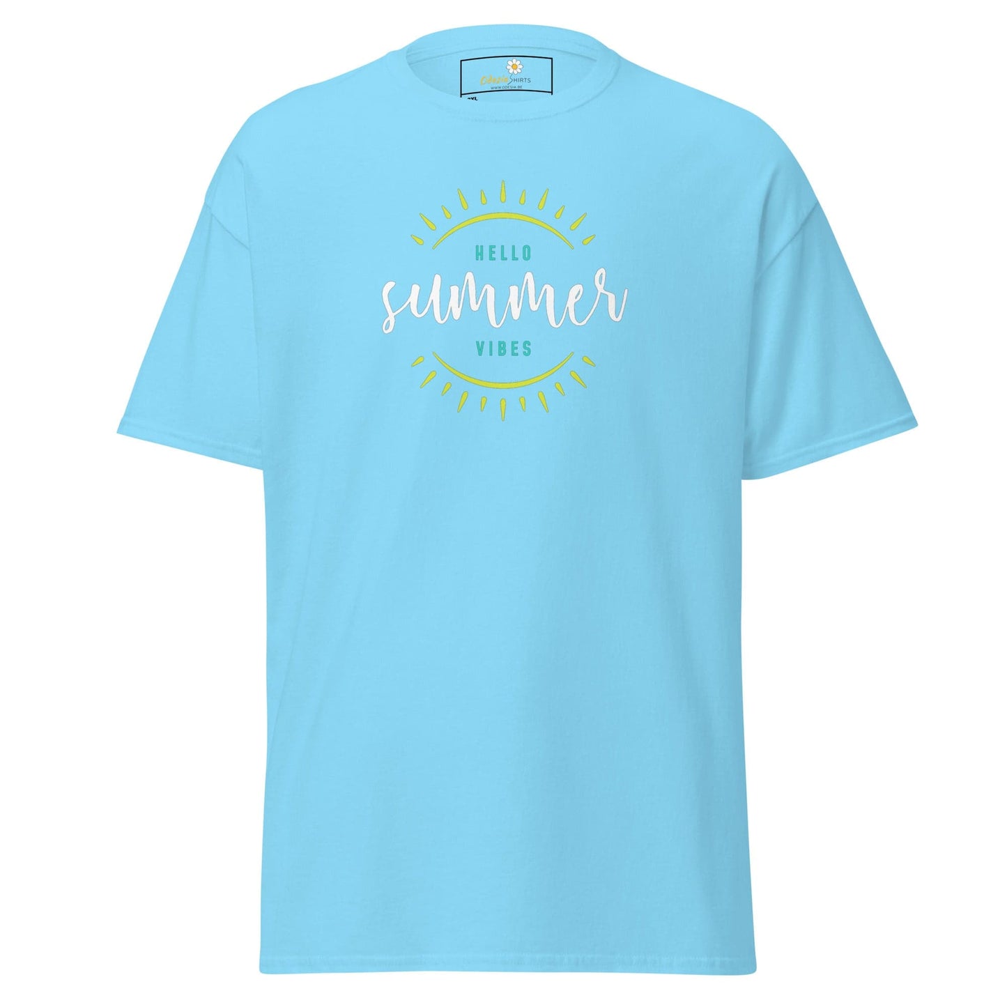 Light blue t-shirt with summer graphic.