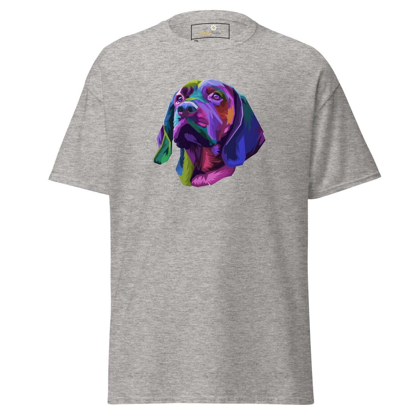 Gray T-shirt with vibrant dog graphic for men and women in 2XL to 5XL sizes