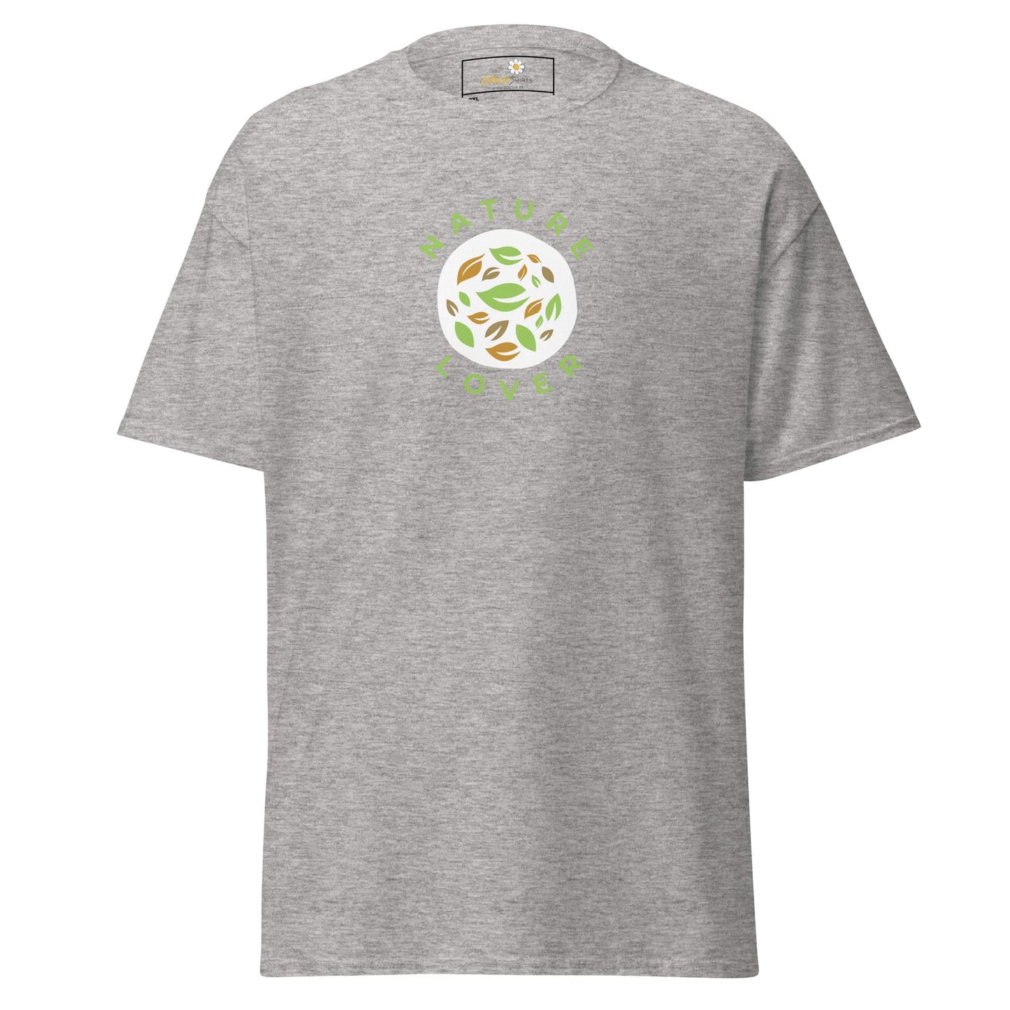 Gray t-shirt with circular leaf design.