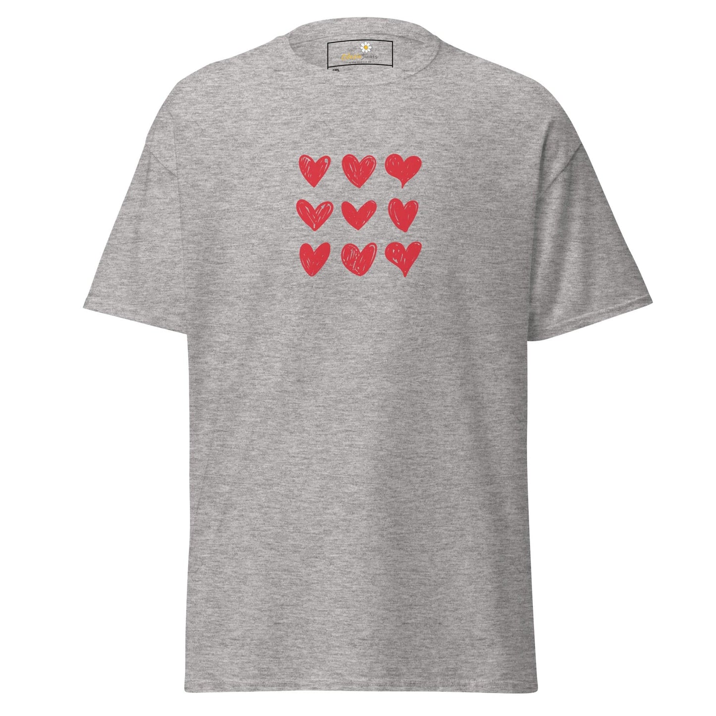 Gray t-shirt with red hearts.
