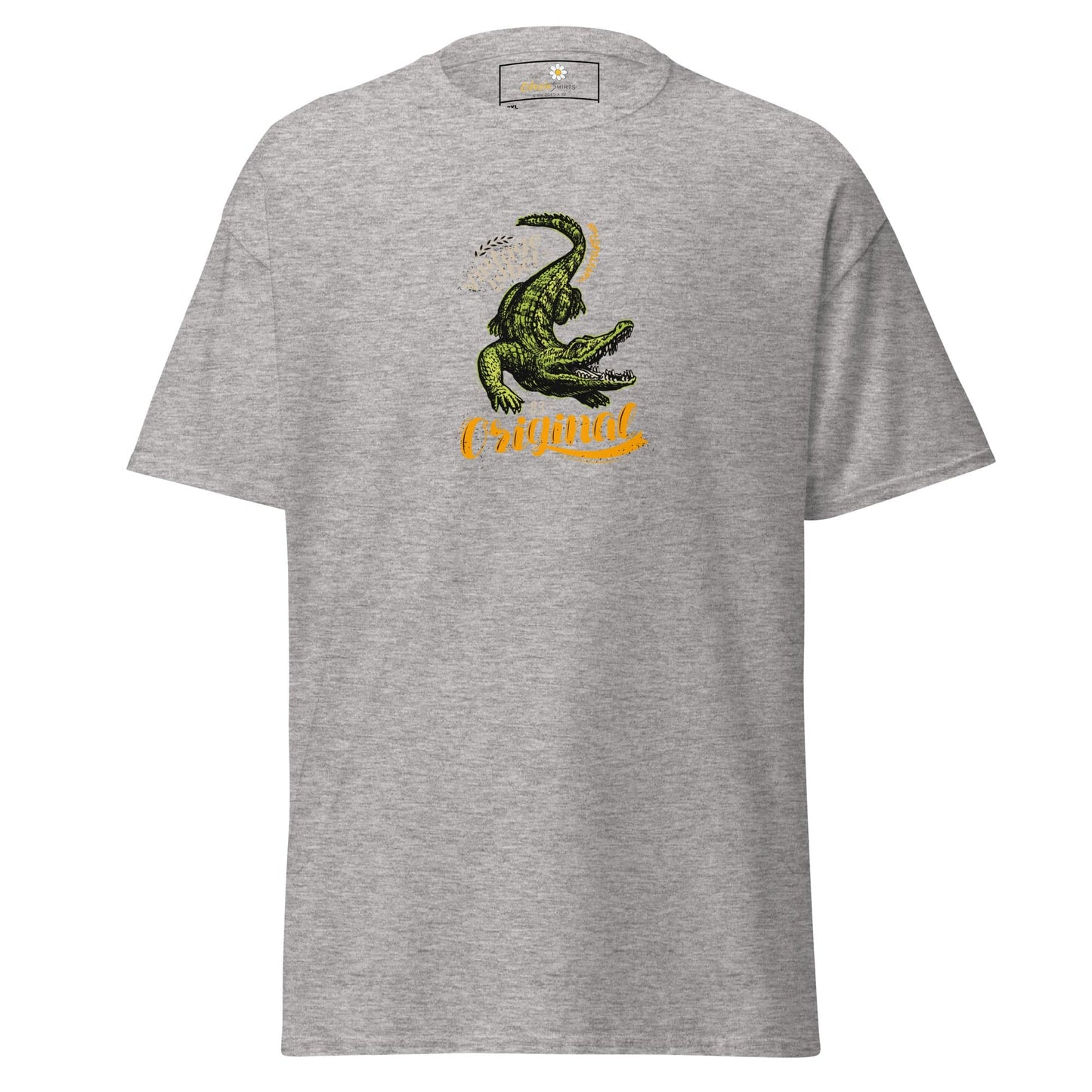 Gray t-shirt with crocodile graphic.