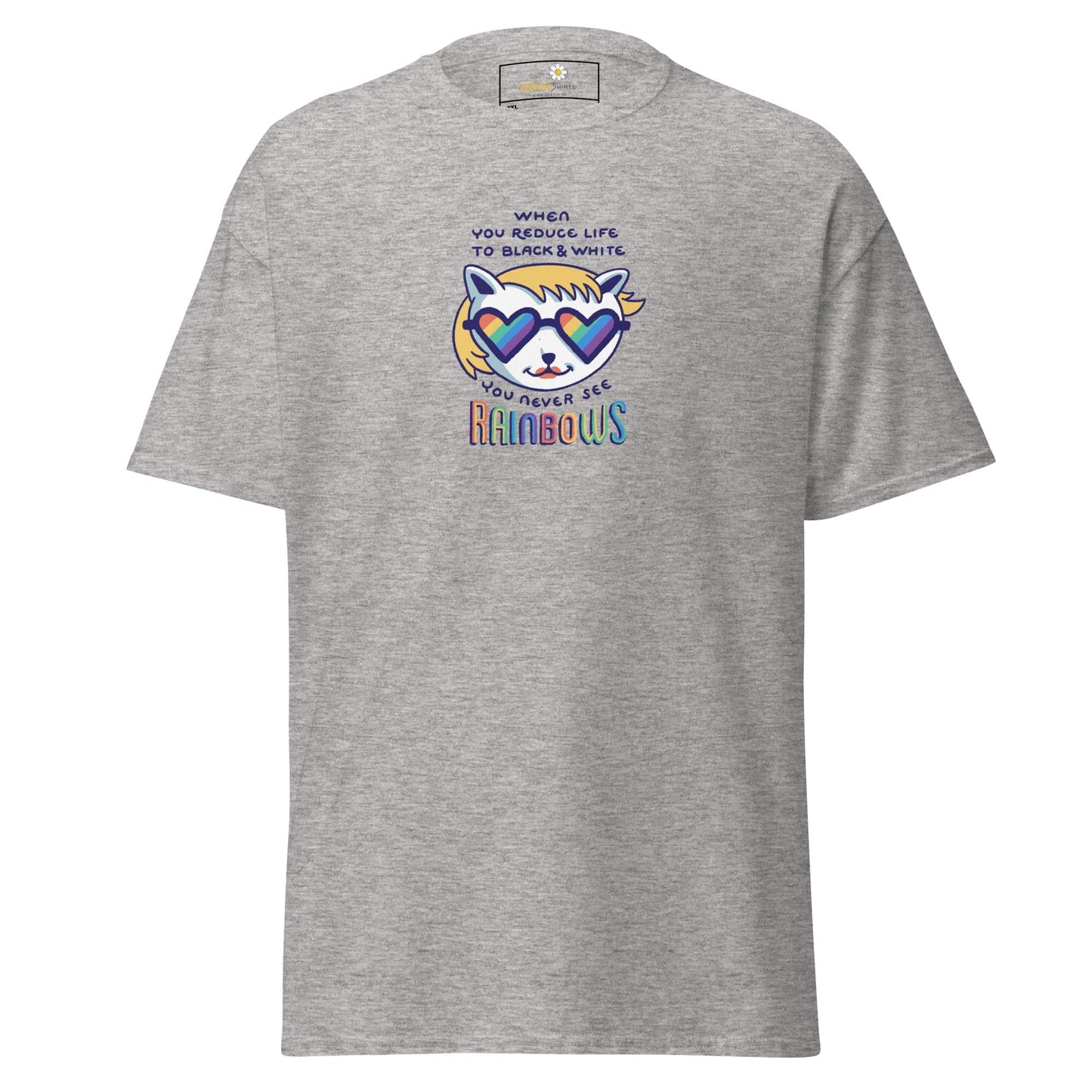 Gray T-shirt with rainbow-themed graphic in men’s and women’s sizes 2XL to 5XL