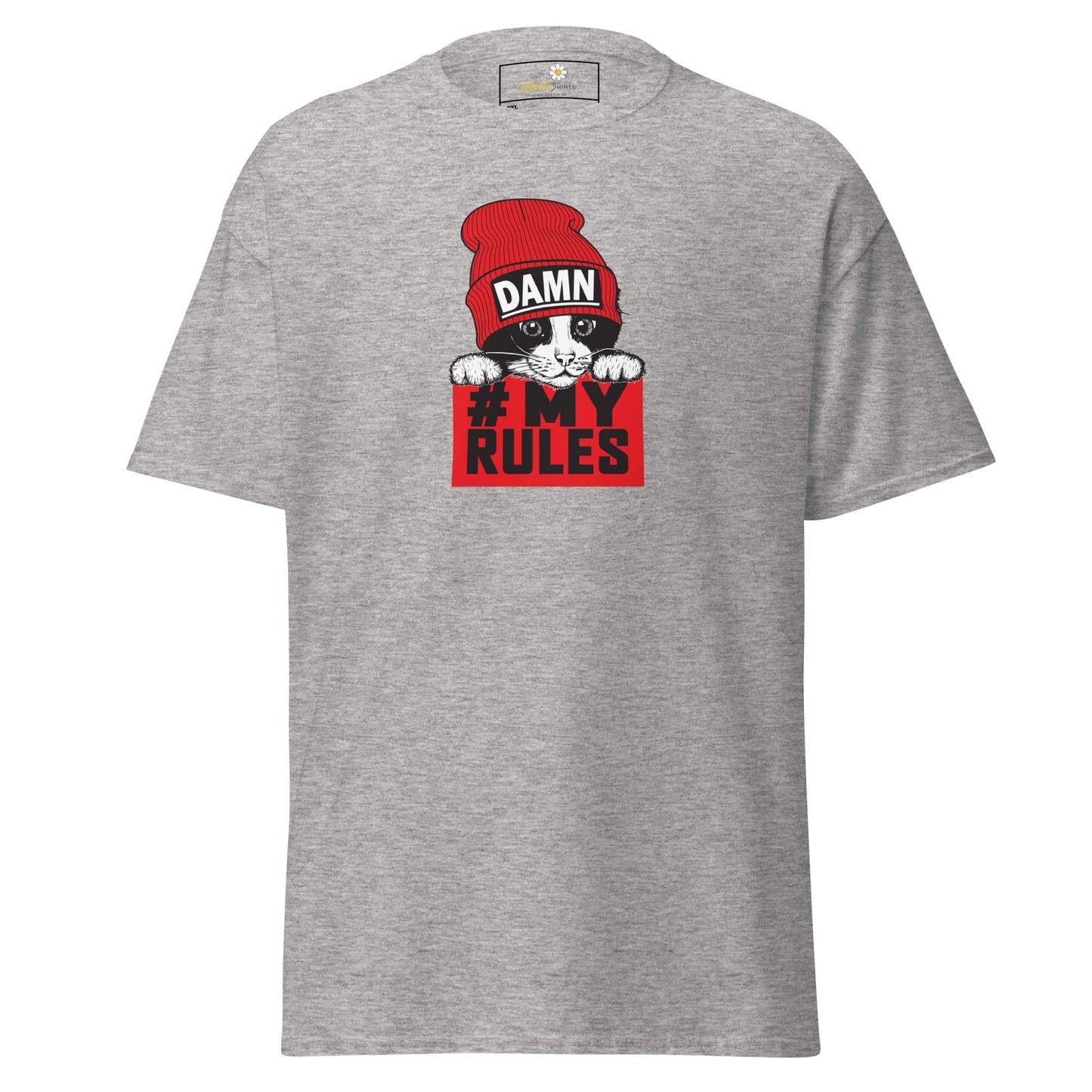 Gray t-shirt with cat graphic.