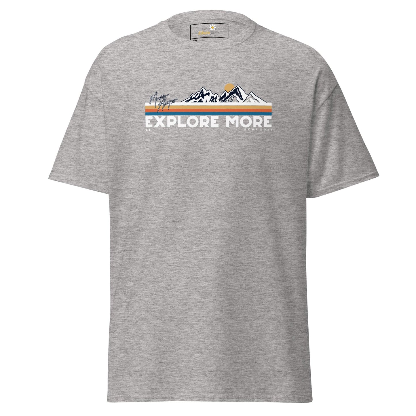 Gray t-shirt with mountain graphic.