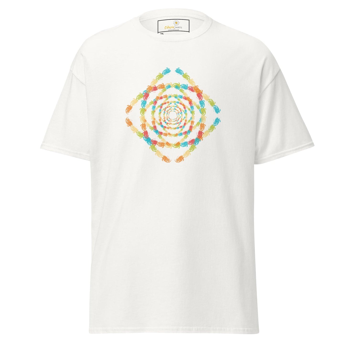 White T-shirt with colorful spiral design for Men and Women, available in 2XL to 5XL