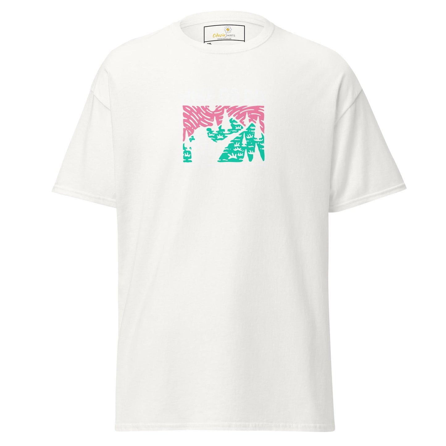 White t-shirt with colorful graphic.
