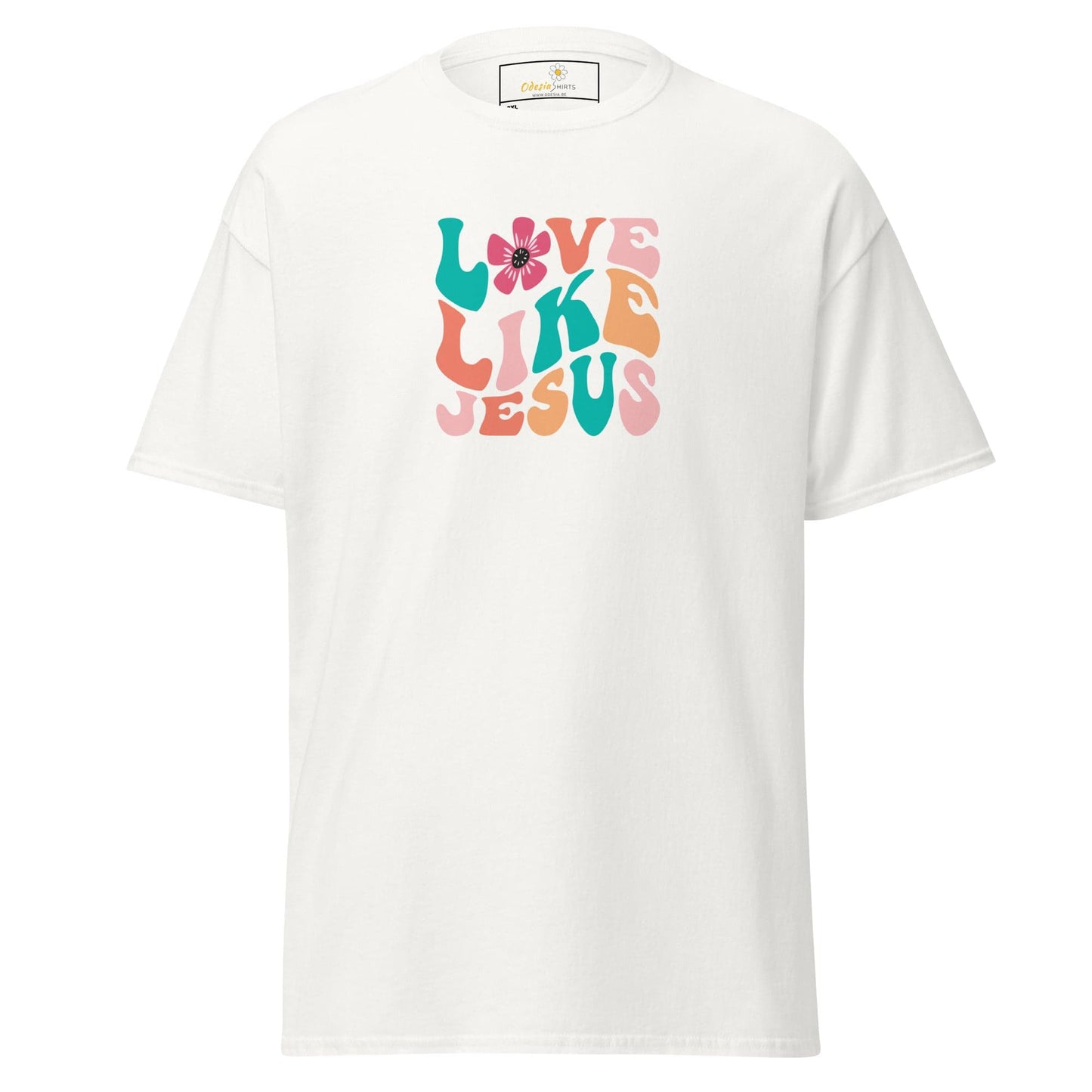 White T-shirt with colorful Love Like Jesus graphic for men and women in sizes 2XL to 5XL
