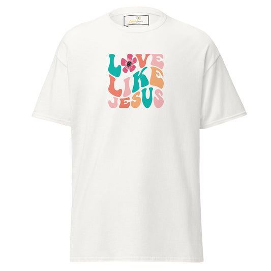 White T-shirt with colorful Love Like Jesus graphic for men and women in sizes 2XL to 5XL