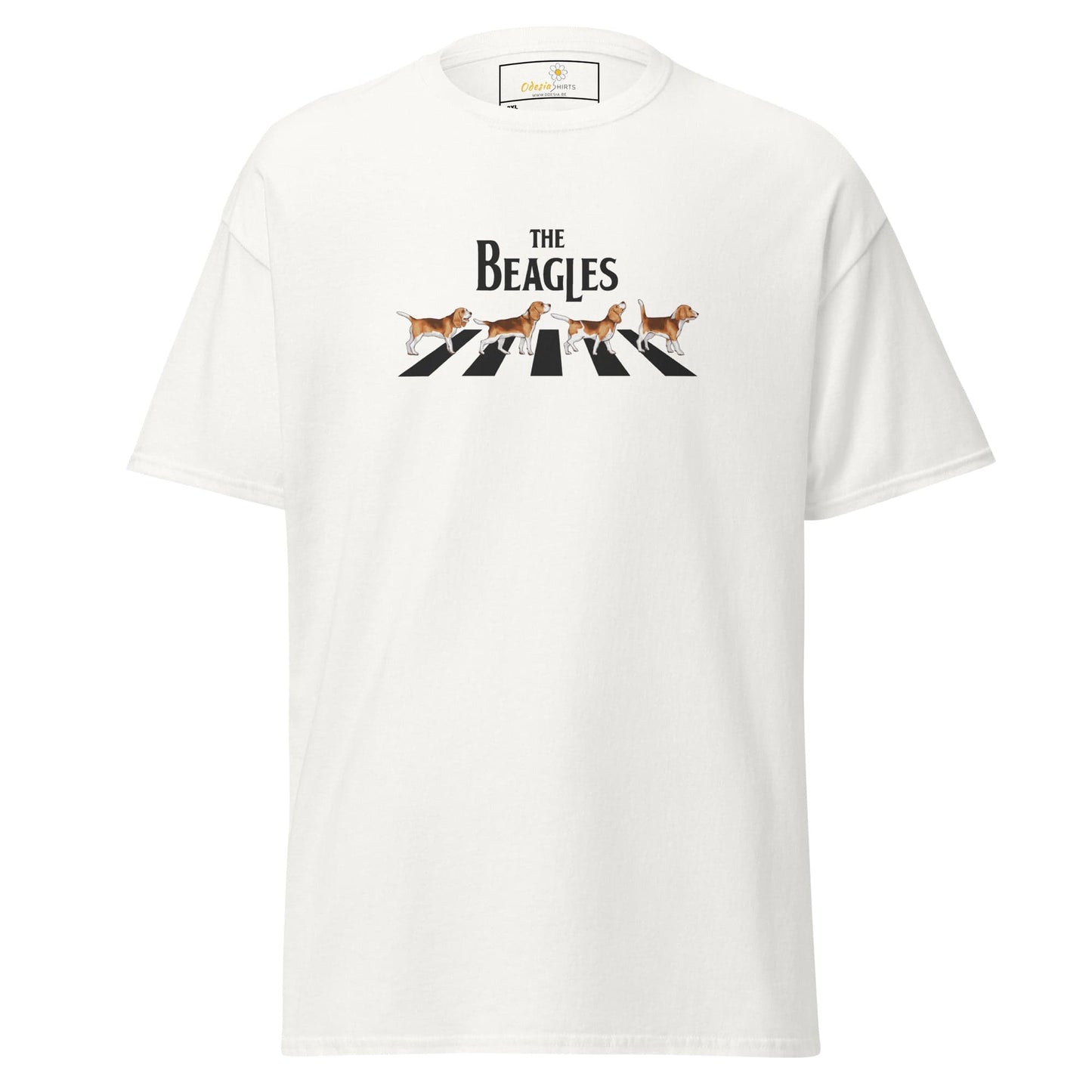 White t-shirt with ’The Beagles’ graphic.