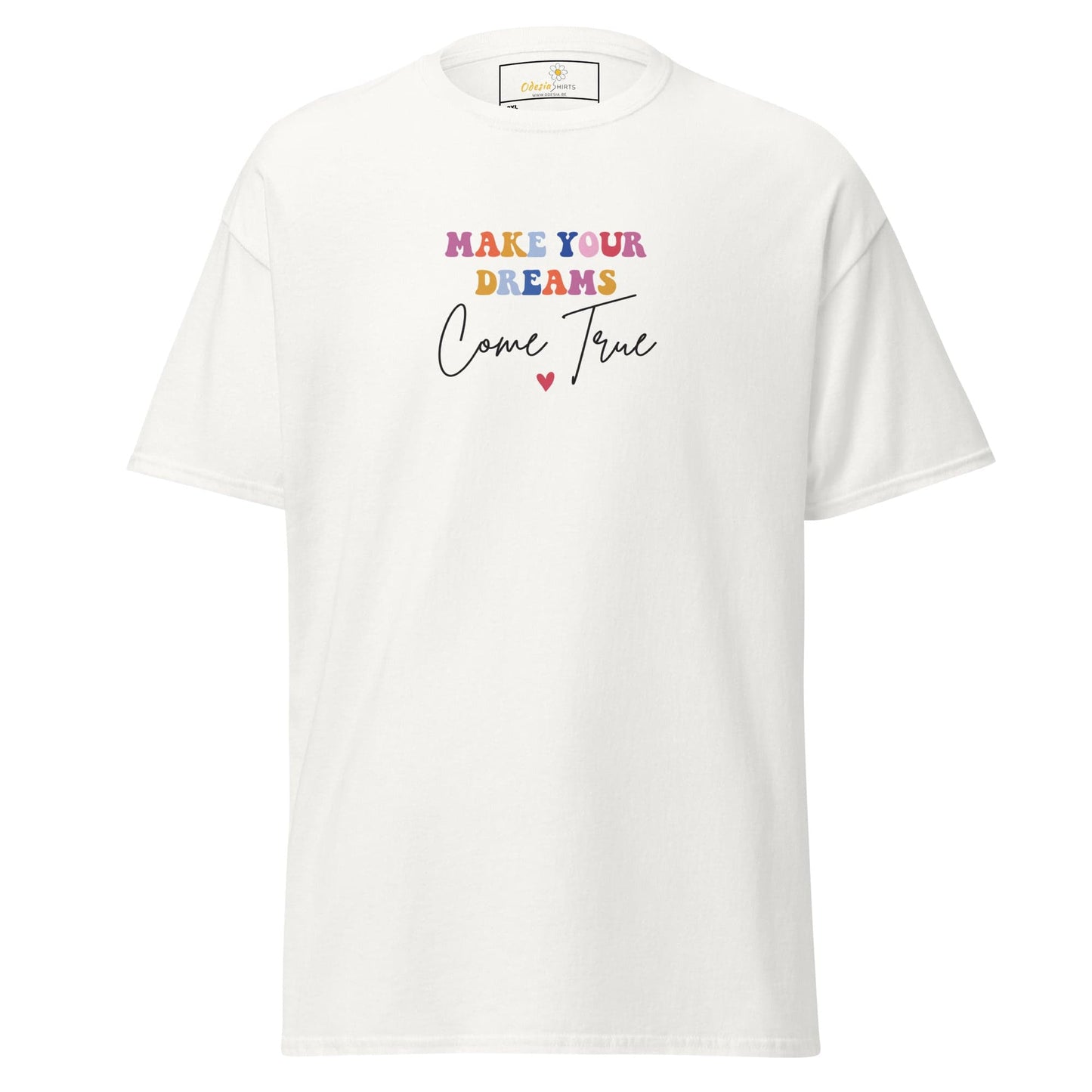 White t-shirt with colorful text.