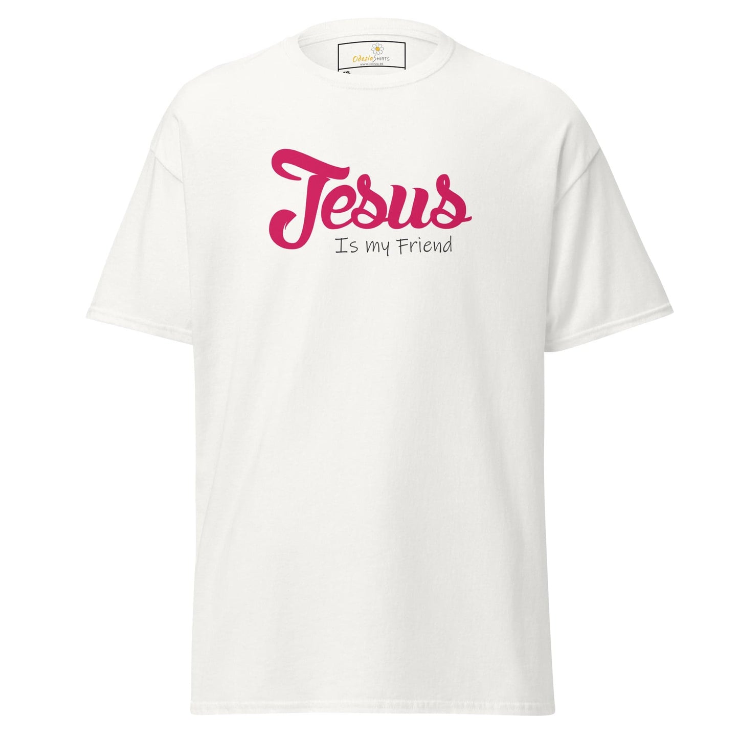 White t-shirt with pink ’Jesus is my friend’ text.